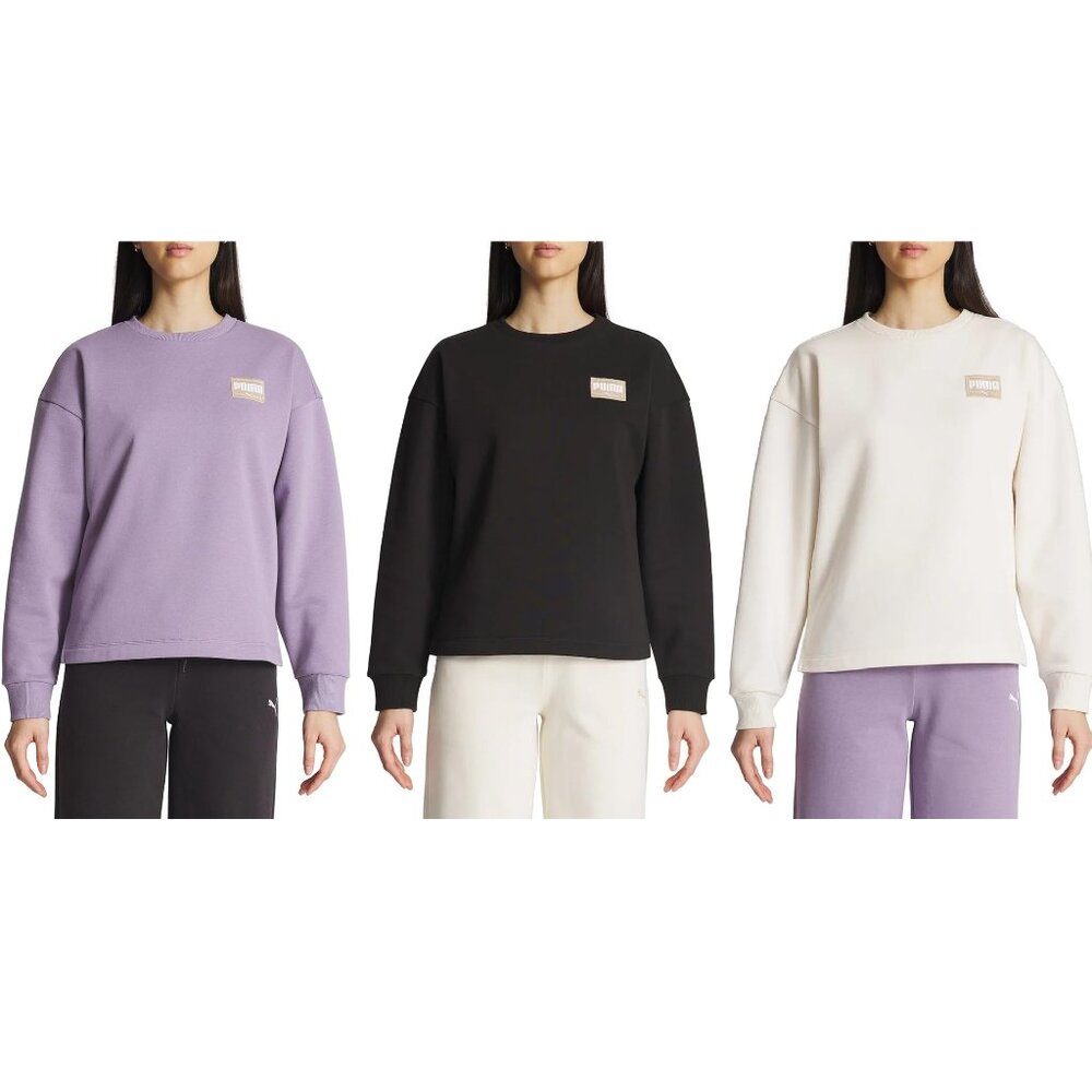 NWT Puma Womens Fleece Crewneck Sweatshirt Tan Black Purple Sz S-2XL $45 11HL175